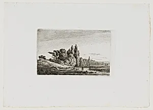 Steg mit Brückenkreuz vor Baumgruppe am Fluss (Footpath with a bridge across a stream near a clump of trees) by Caspar David Friedrich