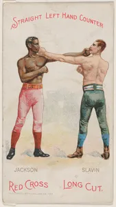 Straight Left Hand Counter, Peter Jackson and Fred Slavin, from the Boxing Positions and Boxers series (N266) issued by P. Lorillard Company to promote Red Cross Long Cut Tobacco