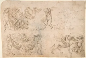 Studies after Antique Frieze Figures, Including Putti with Garlands, with a Chimera and Dolphins (recto); Sketch of a Head (verso)