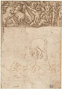 Studies after the Antique: The Fall of Phaëthon, Horses, Reclining Women with Children (recto); Studies after the Antique: An Altar or Urn, Lion Attacking a Horse (verso) by Amico Aspertini