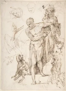 Studies and Sketches for Figures: Standing Male Nude in Frontal View, Male Heads, Seated Monkey, and a Long-Beaked Bird (a Stork?) (recto); Figure Studies: Back View of Standing Male and Female Heads, a Flying Long-Beaked Bird, etc. (verso)