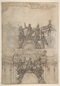 Studies for a Sculpture with Figures of Prudence, Industry and Economy Supported by Slaves and an Oval Plaque with Cartouche; Separate Study for a Cupola (Recto). Studies for Figural Ornament (Verso).