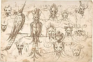 Studies for birds and grotesque masks (recto); candelabra grotesques, ewers and vases (verso) by Andrés de Melgar