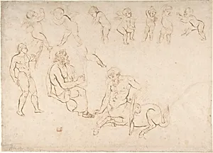 Studies for the decoration of the Library, Palais Bourbon, Paris: standing nude athlete; seated man with a lyre; centaur; and seven putti (three with wings) by Eugène Delacroix