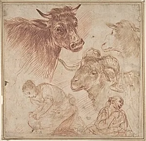 Studies of Animal Heads and Figures by Anonymous, Italian, Roman-Bolognese, 17th century
