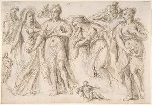 Studies of draped female and male figures; verso: Studies of draped female figures