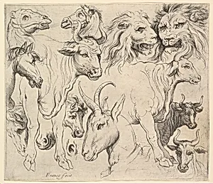 Studies of Heads by Battista Franco|Anonymous, Italian, Roman-Bolognese, 17th century