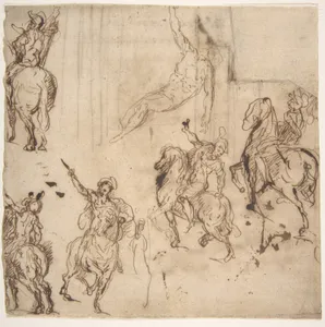 Studies of Horsemen and Study of a Figure for a Deposition (recto); Sketch for an Entablature (verso)