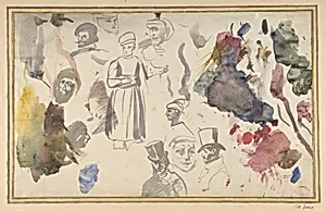 Studies of male heads and a standing male figure by Eugène Delacroix