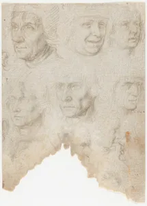 Studies of ten (?) heads and two ears (recto); Studies of three figures and a head (verso)