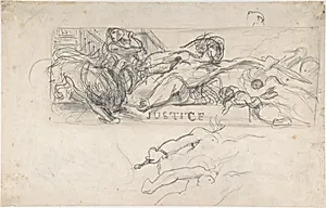 Study for an allegorical figure of Justice in the ceiling decoration of the Salon du Roi, Palais Bourbon; verso: studies of allegorical figures, and architectural sketches. by Eugène Delacroix