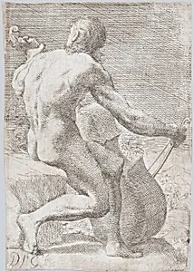 Study from behind of a naked man playing a cello, from the 'Principios para estudiar el Nobilísimo y Real arte de la Pintura' (Madrid 1693) by José García Hidalgo