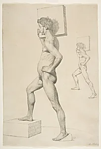 Study of a Male Nude Shouldering a Wooden Block