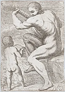 Study of a naked man playing a vihuela, a child holding a sheet of music at the left, from the 'Principios para estudiar el Nobilísimo y Real arte de la Pintura' (Madrid 1693) by José García Hidalgo