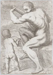 Study of a naked man playing a vihuela, a child holding a sheet of music at the left, from the 'Principios para estudiar el Nobilísimo y Real arte de la Pintura' (Madrid 1693)