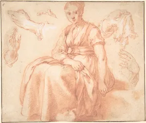 Study of a Seated Woman and Five Studies of Hands; Verso: Landscape with a Road and a Tree to the Right