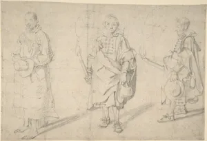 Study of Figures: an Old Man Holding a Hat and Facing Forwards, and a Young Man Holding a Torch and a Hat, seen from both the Front and Left Sides; Verso: Study of a Head