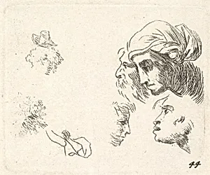 Study of heads in profile view, a woman with headcloth and bearded man whose heads overlap above, two facing profiles below by Karel Dujardin