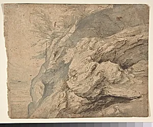 Study of the Side of a Rocky Cliff; Verso: Dam on a Mountain Stream by Paulus Willemsz. van Vianen