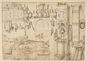 Study sheets with sketches of interiors, animals, sculpture, figures, notes