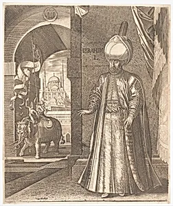 Sultan Süleyman and the Süleymaniye Mosque, Constantinople, 1574 (or earlier), altered in 1688 to represent Ibrahim I by Melchior Lorck