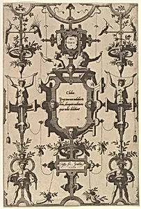 Surface Decoration, Grotesque with Strapwork, Including Three Cartouches from series of Surface Decorations, Grotesques with Strapwork with Maxims by Six Wise Men of Greece by Johannes van Doetecum I|Lucas van Doetecum|Cornelis Floris II|Hieronymus Cock