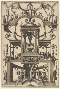 Surface Decoration, Grotesque with Strapwork, Aedicula at Center, on Either Side Recessed Balconies, in Frame at Lower Center Moses and the Brazen Serpent from Veelderleij Veranderinghe van grotissen ende Compertimenten...Libro Primo
