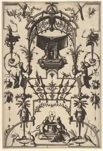 Surface Decoration, Grotesque with Strapwork and Pergolas, Burial Scene above center from Veelderleij Veranderinghe van grotissen ende Compertimenten...Libro Primo