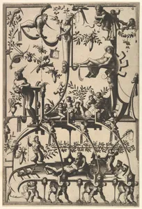 Surface Decoration, Grotesque with Strapwork, Borne by Satyrs from Veelderleij Veranderinghe van grotissen ende Compertimenten...Libro Primo