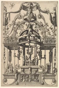 Surface Decoration, Grotesque with Strapwork, Burial Scene in the Tempietto, in the Bas Relief Esther before Ahasuerus from Veelderleij Veranderinghe van grotissen ende Compertimenten...Libro Primo