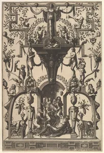 Surface Decoration, Grotesque with Strapwork, Including a Wall Niche under a Strapwork Canopy, Bacchic Scene below from Veelderleij Veranderinghe van grotissen ende Compertimenten...Libro Primo