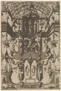 Surface Decoration, Grotesque with Strapwork, including Double Wall Niche, at the Top the Christian Virtues Faith, Hope and Charity, at the Center the Laocoon from Veelderleij Veranderinghe van grotissen ende Compertimenten...Libro Primo