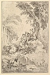 Surprised Young Couple Under a Tree by François Boucher|Antoine Watteau