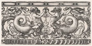 Symmetric Ornamental Frieze with Two Fighting Hybridic Creatures (Half Satyr, Half Dragon) holding Fish