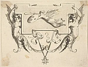 Tail-piece: Two Winged Women Hold a Cartel Decorated by Fame by Claude Mellan
