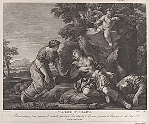 Tancrede and Herminia, within a landscape, as Cupid shoots an arrow towards Herminia at upper right by Jean Charles Le Vasseur|Giovanni Francesco Romanelli