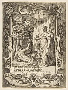Tantalus at left speaking to Diana at right, set within an elaborate frame, from "Loves, Rages and Jealousies of Juno" by Giulio Bonasone