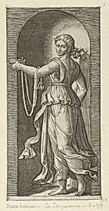 Temperance personfied by a woman standing in a niche holding a bit, from 'The Virtues' by Marcantonio Raimondi|Raphael (Raffaello Sanzio or Santi)
