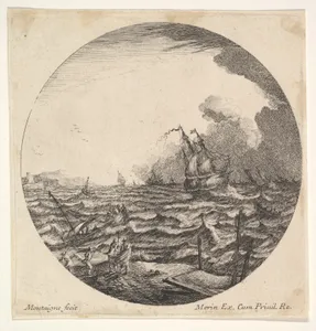 Tempest in a roundel composition, at left waves toss a small ship occupied by seven figures, ships and dark clouds beyond