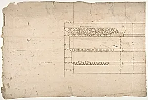Temple of Minerva, elevation of architrave (recto) Temple of Minerva, column shaft (verso) by Anonymous, French, 16th century