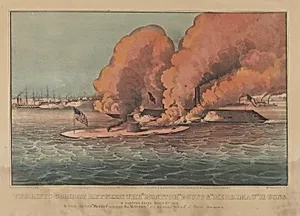 Terrific Combat Between the "Monitor" 2 Guns & "Merrimac" 11 Guns – In Hampton Roads March 9th, 1862 – In which the little "Monitor" whipped the "Merrimac" and the whole "School" of Rebel Steamers by Currier & Ives