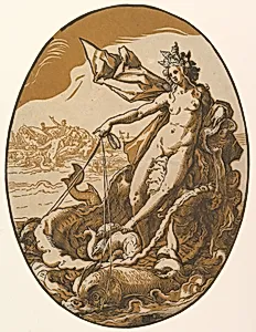 Tethys reclining in a giant shell chariot pulled by two sea creatures by Hendrick Goltzius