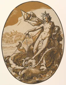 Tethys reclining in a giant shell chariot pulled by two sea creatures
