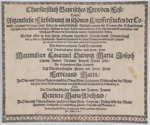 Text to accompany plate illustrating the fireworks display celebrating the birth of Prince Max Emmanuel of Bavaria, Munich, 1662