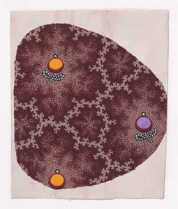 Textile Design with Alternating Rows of Circular Flower Buds on Stems with Two Leaves and Decorated by Pearls Framed with Garlands of Branches