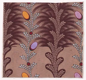 Textile Design with Alternating Vertical Garlands of Stylized Leaves and Undulating Strips of Pearls with Offsetting Stylized Leaves and Ovals