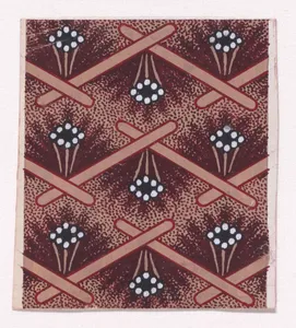 Textile Design with Horizontal Rows of Undulating Garlands and Zig-Zagging Stiff Branches Flanked by Rosettes of Pearls Over a Stippled Background
