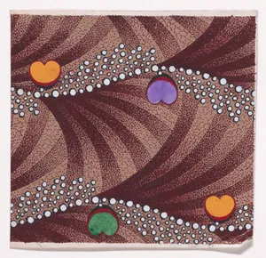 Textile Design with Horizontal Undulating Strips of Pearls with Alternating Offsetting Bundles of Pearls and Heart Shapes over a Background of Alternating Overlapping Scales