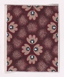 Textile Design with Rosettes with Pearls as Pistils Grouped Together to Form Stylized Flowers over an Abstract Honeycomb Pattern in the Background