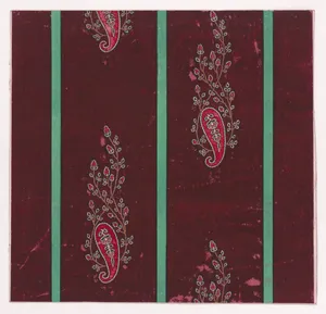 Textile Design with Vertical Rows of Paisley Motifs Flanked by Interlacing Branches with Stylized Flowers and Leaves Separated by Stripes